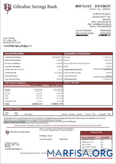 Blank Gibraltar Savings Bank mortgage statement scr real example